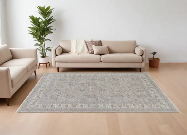 12' X 15' Silver Taupe and Blue Oriental Power Loom Worn Faded Area Rug With Fringe