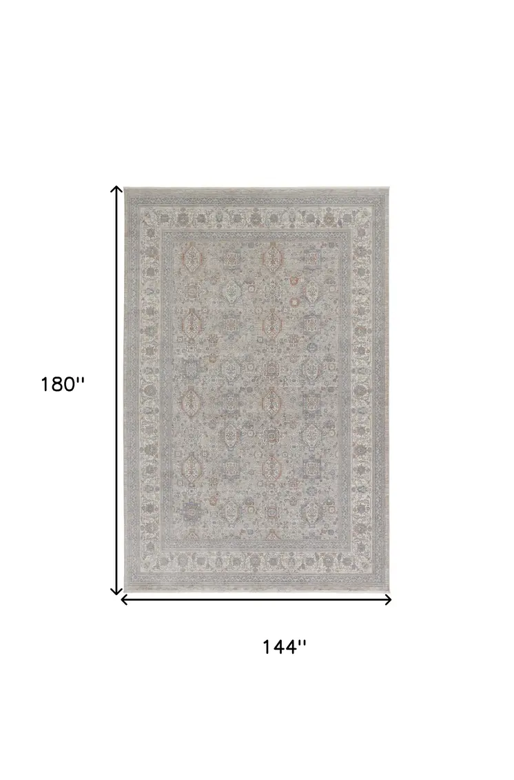 12' X 15' Silver Taupe and Blue Oriental Power Loom Worn Faded Area Rug With Fringe