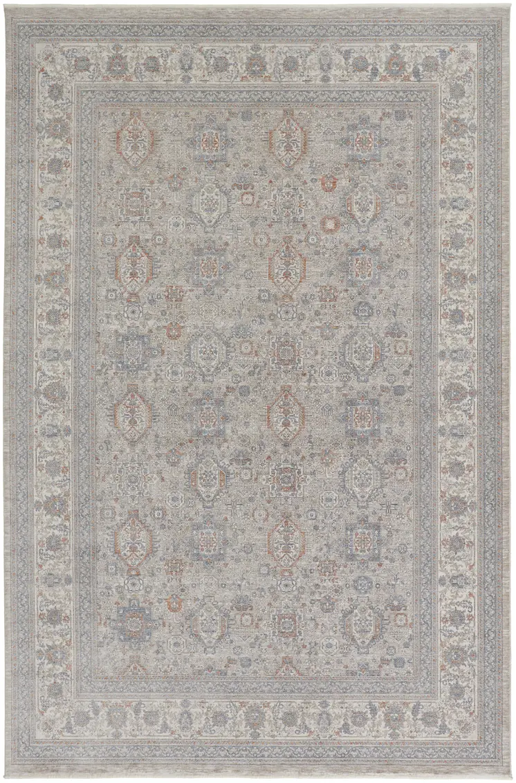 12' X 15' Silver Taupe and Blue Oriental Power Loom Worn Faded Area Rug With Fringe