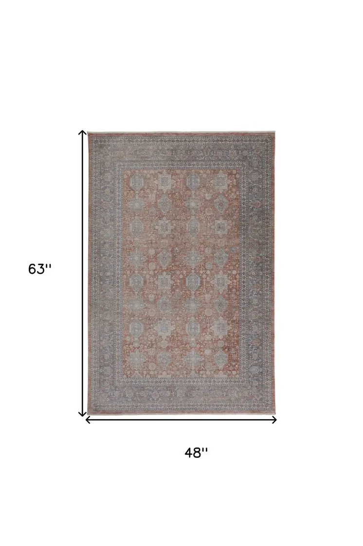4' X 5' Blue and Red Oriental Power Loom Worn Faded Area Rug With Fringe