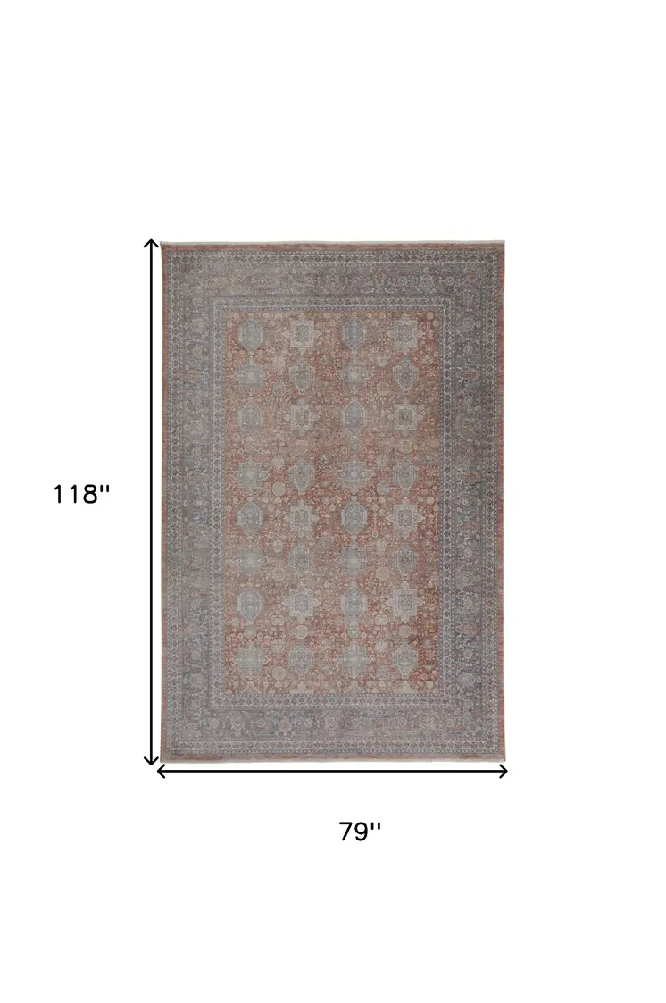 7' X 10' Blue and Red Oriental Power Loom Worn Faded Area Rug With Fringe