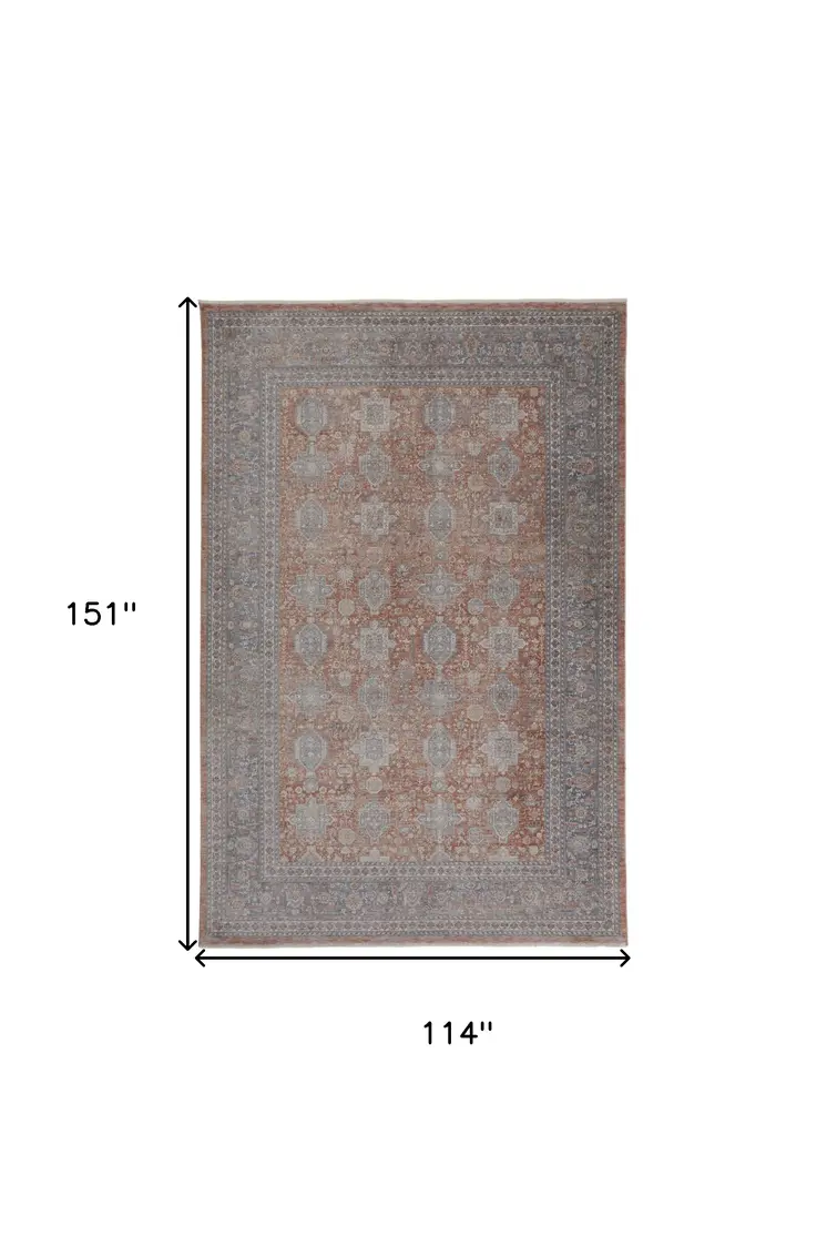 9' X 13' Blue and Red Oriental Power Loom Worn Faded Area Rug With Fringe