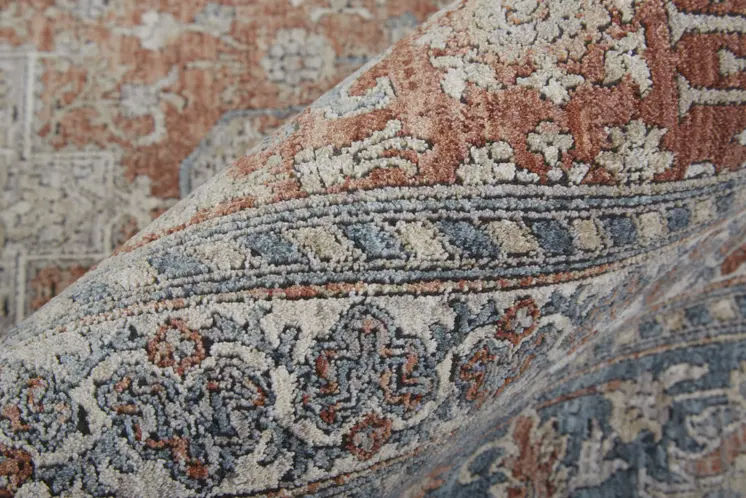 8' Blue and Red Oriental Power Loom Worn Faded Runner Rug With Fringe