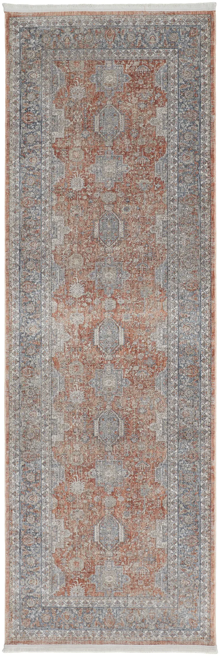 8' Blue and Red Oriental Power Loom Worn Faded Runner Rug With Fringe