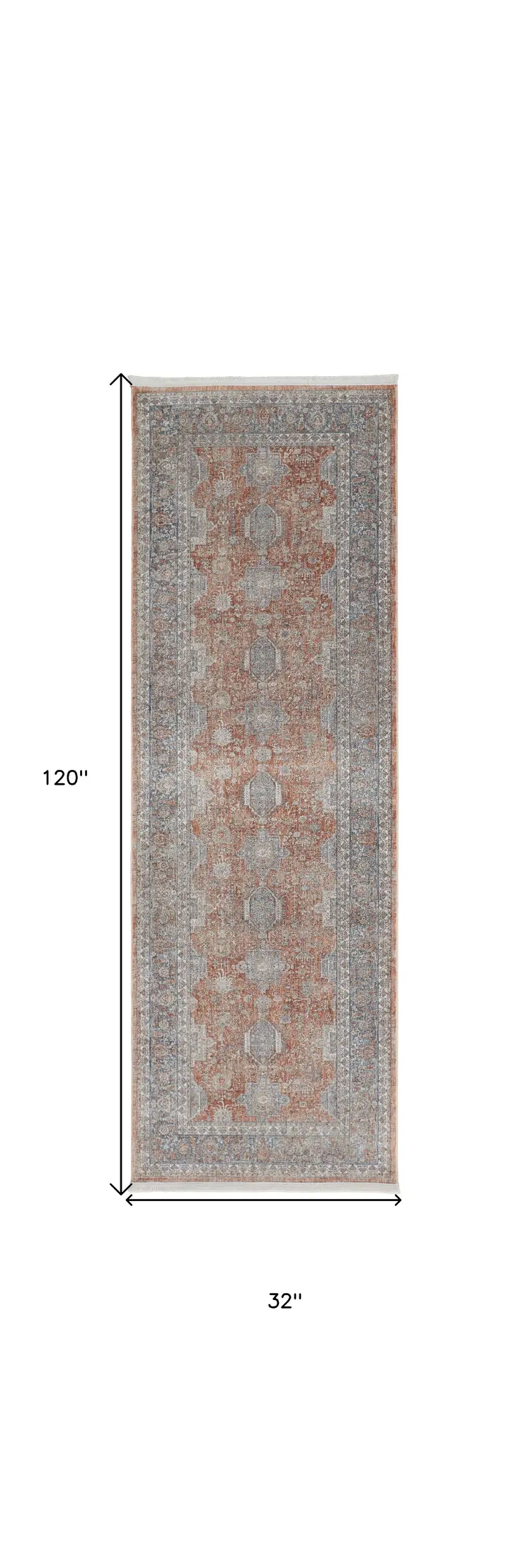 10' Blue and Red Oriental Power Loom Runner Rug With Fringe