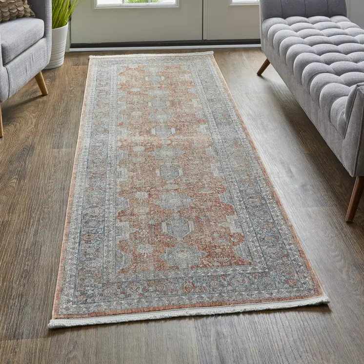 12' Blue and Red Oriental Power Loom Worn Faded Runner Rug With Fringe