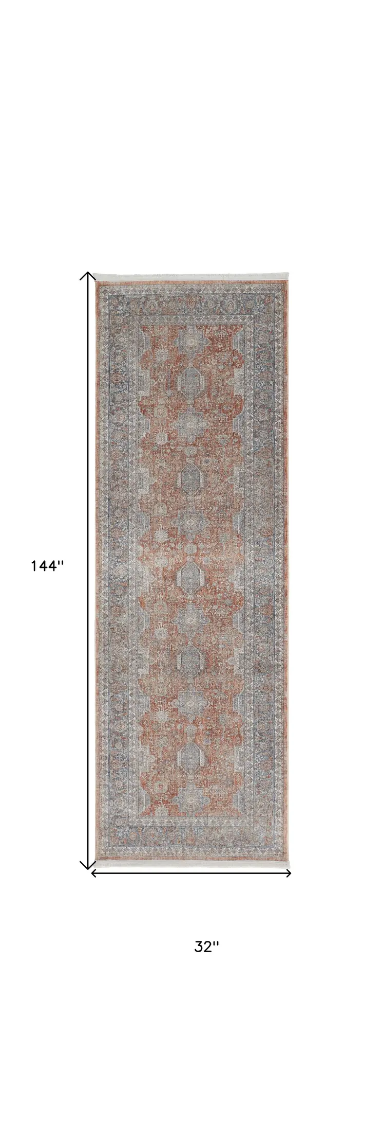 12' Blue and Red Oriental Power Loom Worn Faded Runner Rug With Fringe