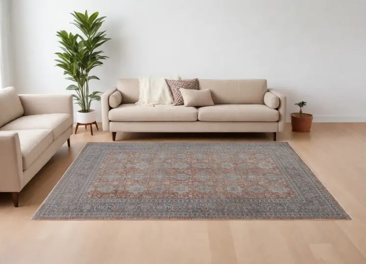 12' X 15' Blue and Red Oriental Power Loom Worn Faded Area Rug With Fringe