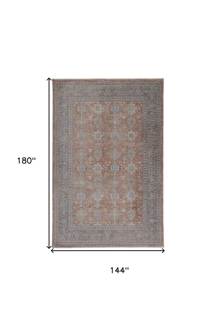 12' X 15' Blue and Red Oriental Power Loom Worn Faded Area Rug With Fringe