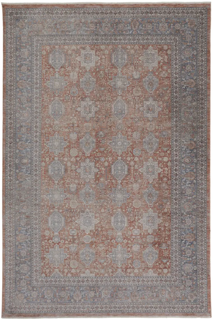 12' X 15' Blue and Red Oriental Power Loom Worn Faded Area Rug With Fringe