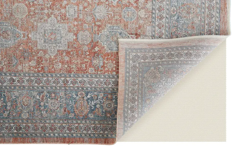 2' X 3' Blue and Red Oriental Power Loom Worn Faded Area Rug With Fringe