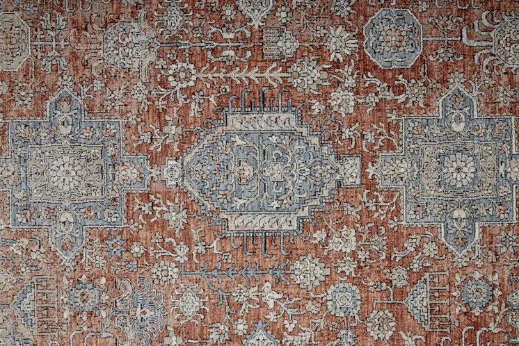 2' X 3' Blue and Red Oriental Power Loom Worn Faded Area Rug With Fringe