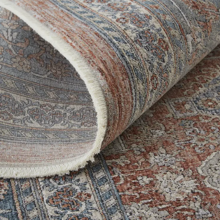 2' X 3' Blue and Red Oriental Power Loom Worn Faded Area Rug With Fringe