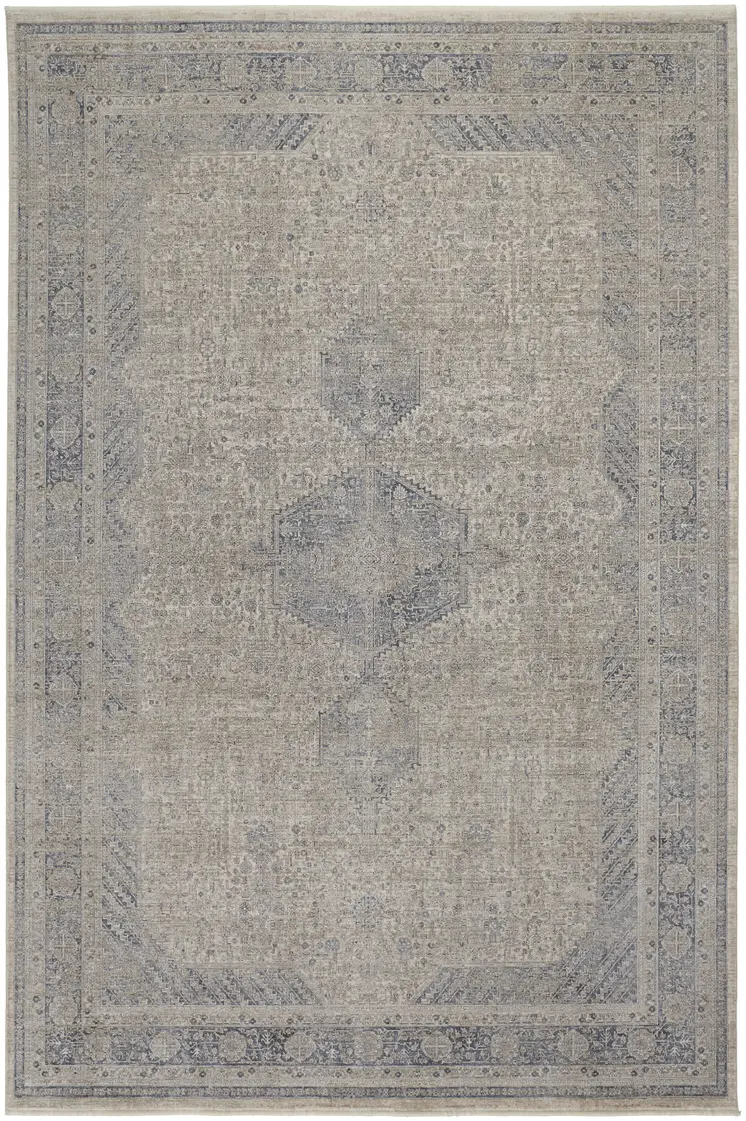 5' X 7' Gray Blue and Taupe Oriental Power Loom Worn Faded Area Rug With Fringe