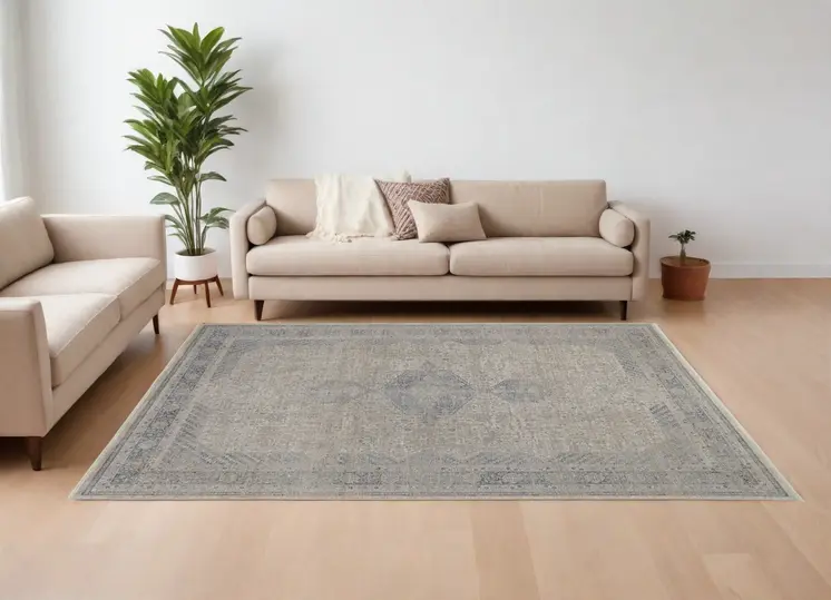 9' X 13' Gray Blue and Taupe Oriental Power Loom Worn Faded Area Rug With Fringe