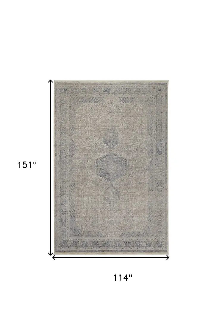 9' X 13' Gray Blue and Taupe Oriental Power Loom Worn Faded Area Rug With Fringe