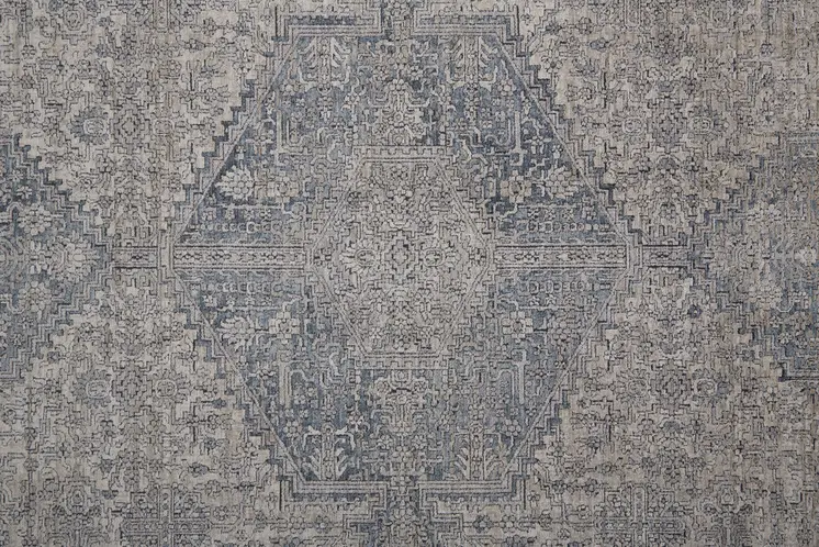 8' Gray Blue and Taupe Oriental Power Loom Worn Faded Runner Rug With Fringe