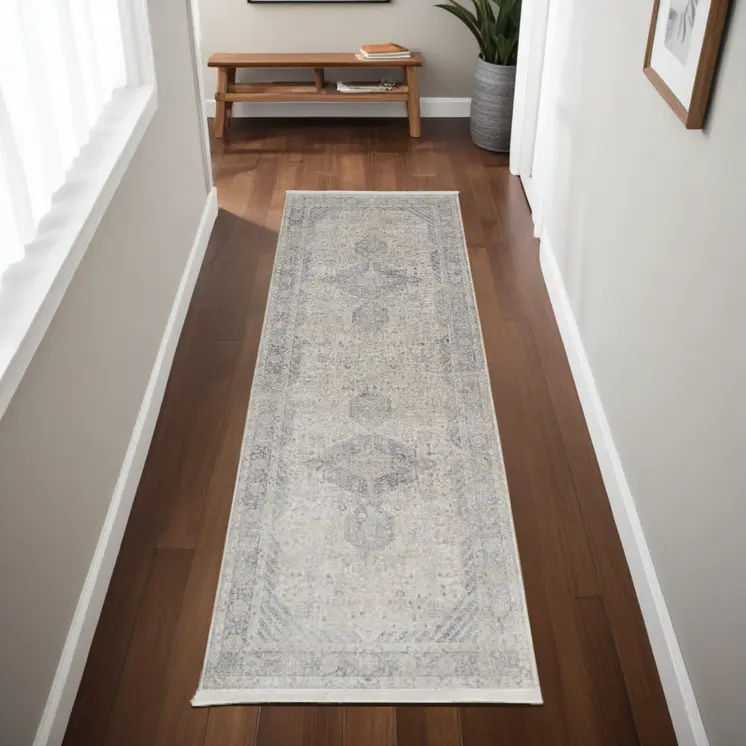 8' Gray Blue and Taupe Oriental Power Loom Worn Faded Runner Rug With Fringe