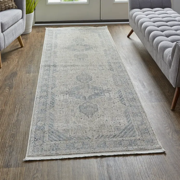 12' Gray Blue and Taupe Oriental Power Loom Worn Faded Runner Rug With Fringe