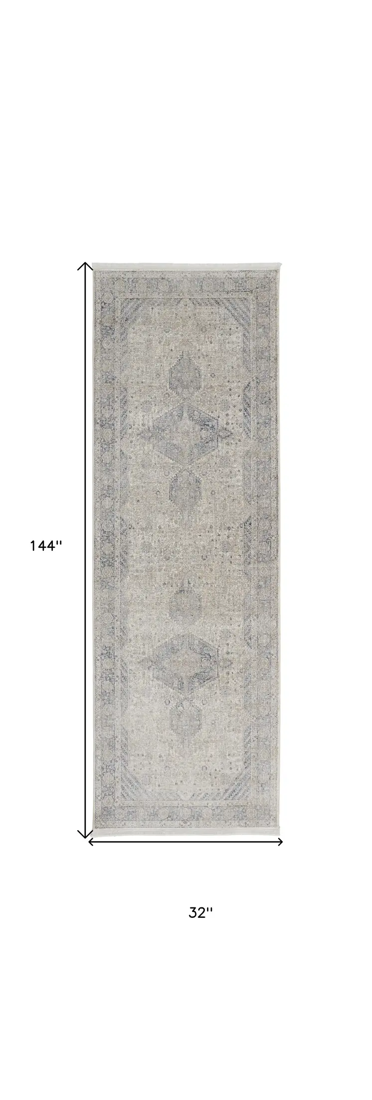 12' Gray Blue and Taupe Oriental Power Loom Worn Faded Runner Rug With Fringe
