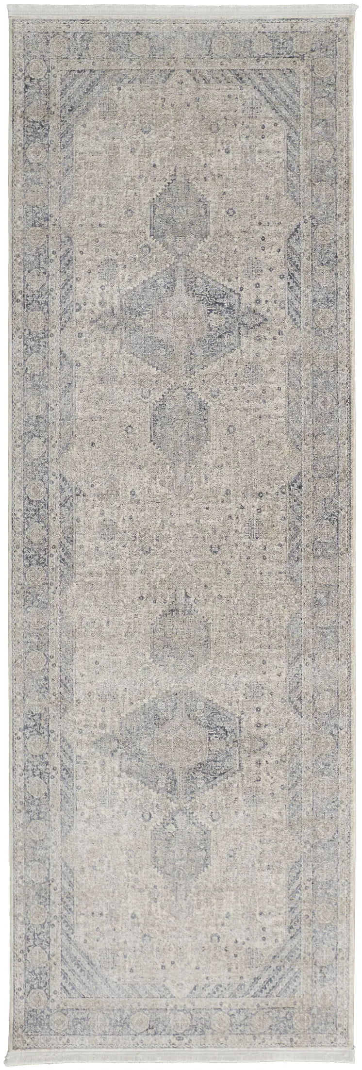 12' Gray Blue and Taupe Oriental Power Loom Worn Faded Runner Rug With Fringe