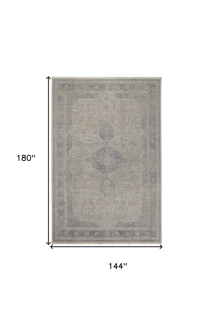 12' X 15' Gray Blue and Taupe Oriental Power Loom Worn Faded Area Rug With Fringe