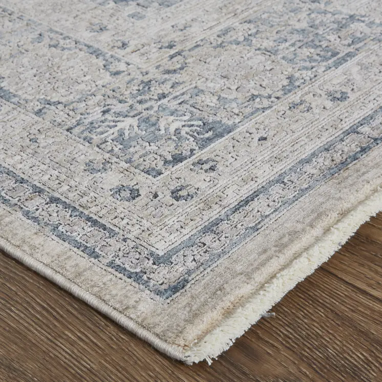 2' X 3' Gray Blue and Taupe Oriental Power Loom Worn Faded Area Rug With Fringe