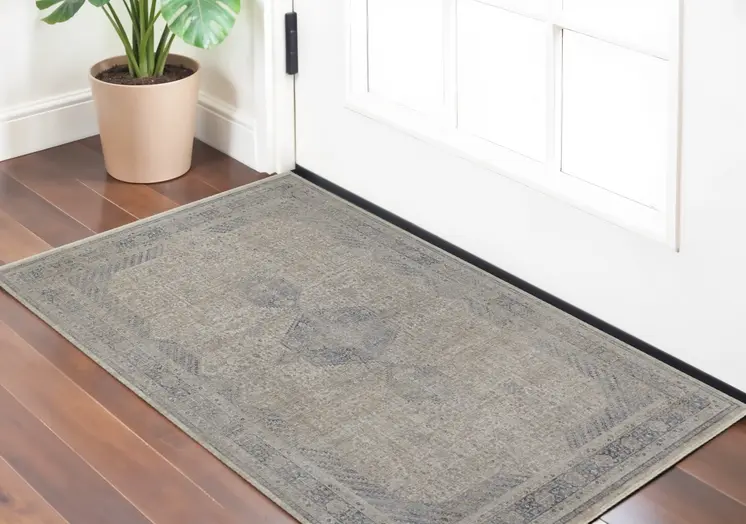 2' X 3' Gray Blue and Taupe Oriental Power Loom Worn Faded Area Rug With Fringe