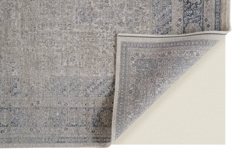 2' X 3' Gray Blue and Taupe Oriental Power Loom Worn Faded Area Rug With Fringe