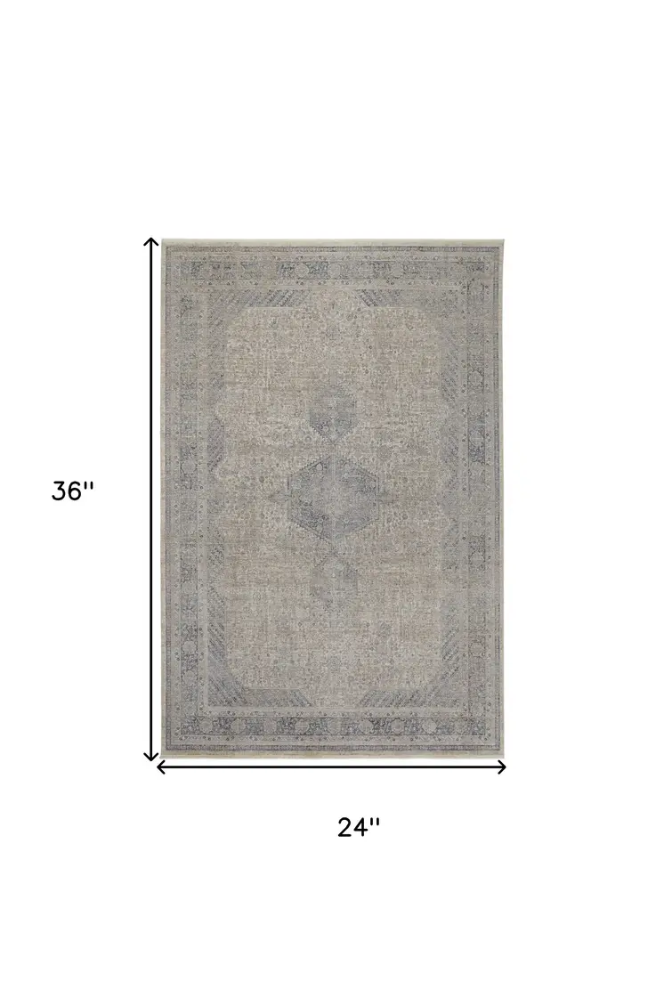 2' X 3' Gray Blue and Taupe Oriental Power Loom Worn Faded Area Rug With Fringe
