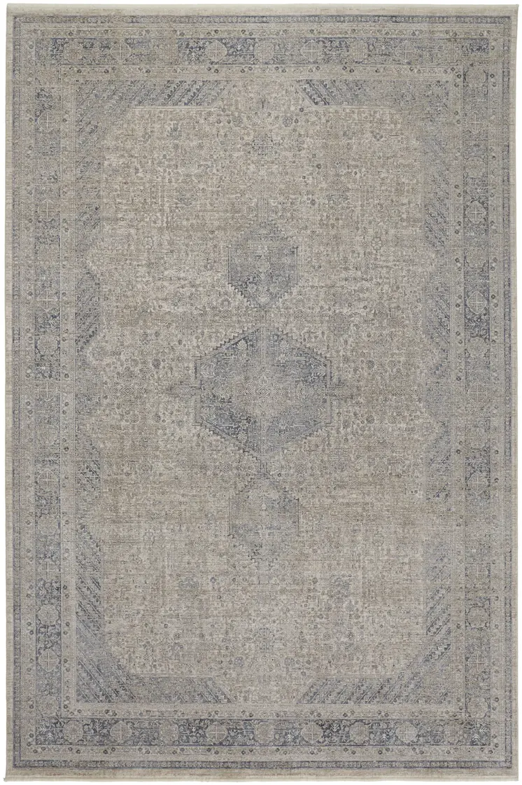 2' X 3' Gray Blue and Taupe Oriental Power Loom Worn Faded Area Rug With Fringe