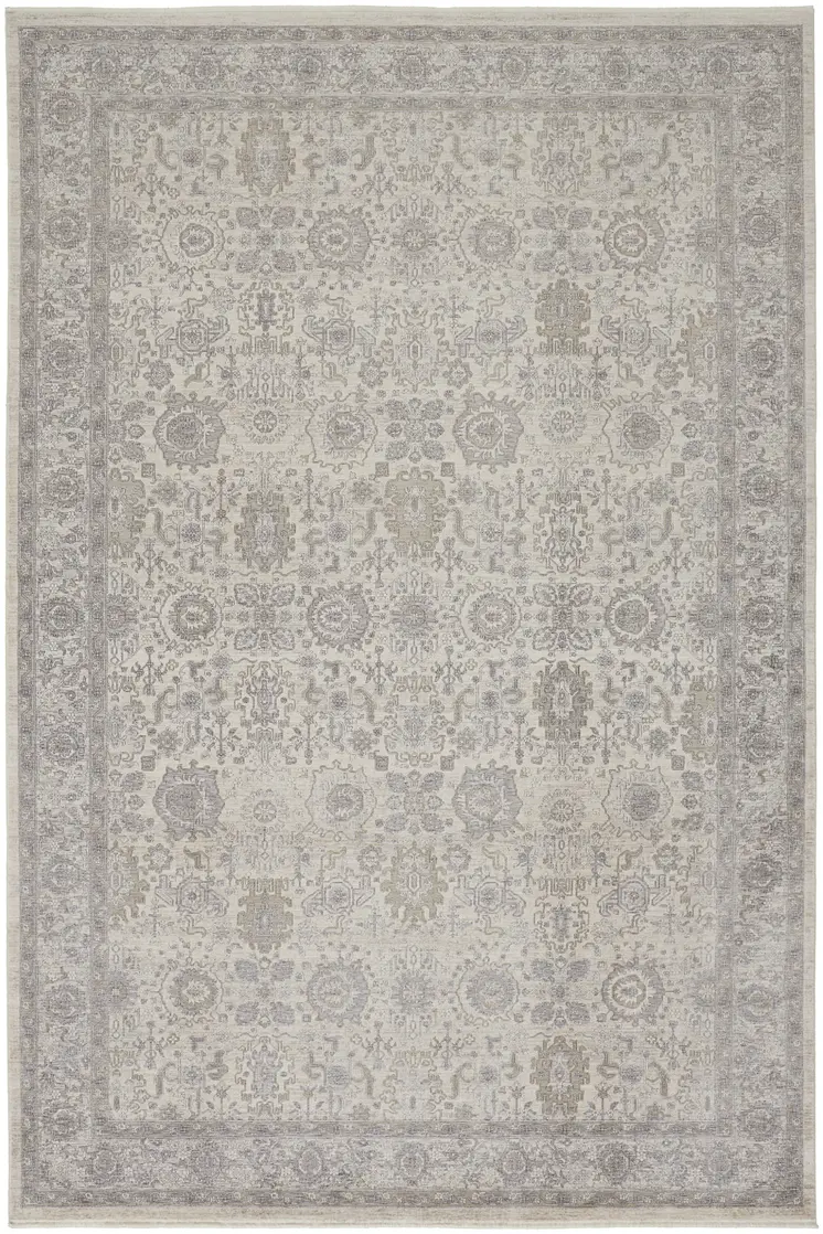 7' X 10' Gray and Ivory Oriental Power Loom Worn Faded Area Rug With Fringe