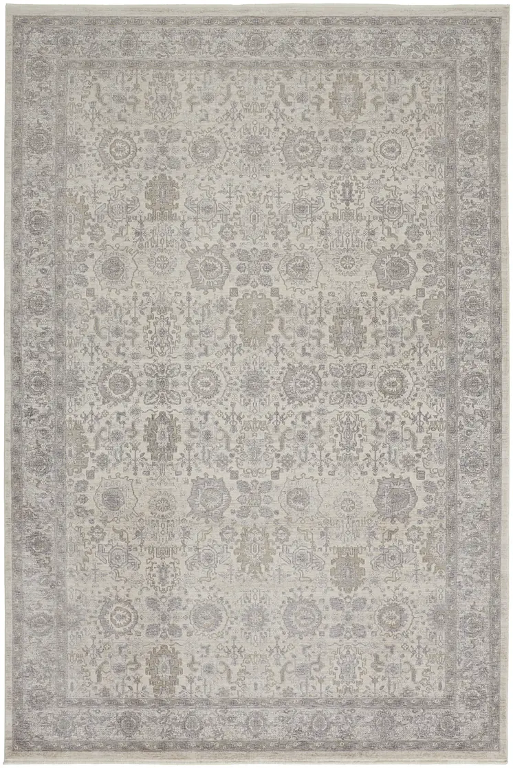 7' X 10' Gray and Ivory Oriental Power Loom Worn Faded Area Rug With Fringe