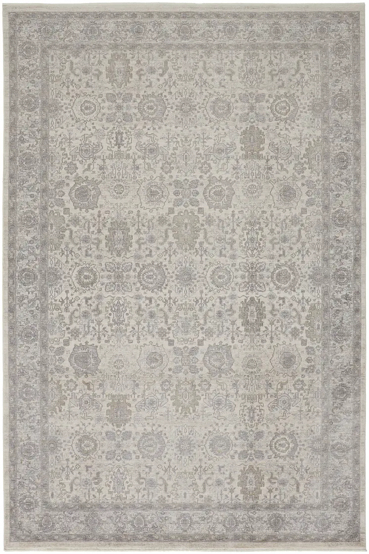 9' X 13' Gray and Ivory Oriental Power Loom Worn Faded Area Rug With Fringe