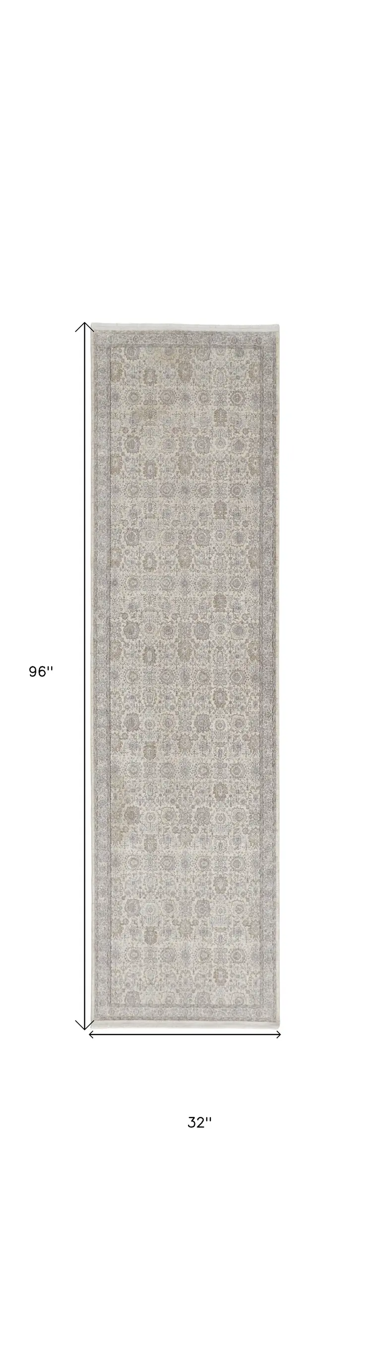 8' Gray and Ivory Oriental Power Loom Worn Faded Runner Rug With Fringe