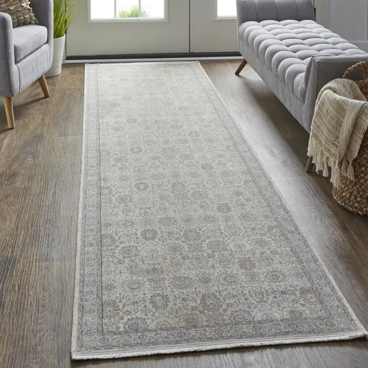 10' Gray and Ivory Oriental Power Loom Runner Rug With Fringe