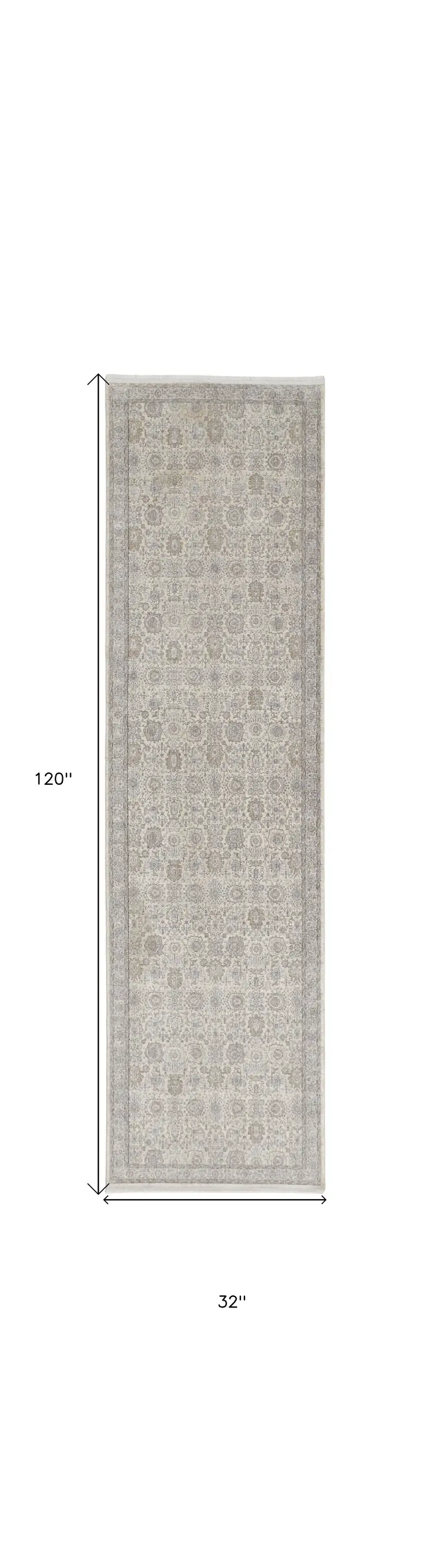 10' Gray and Ivory Oriental Power Loom Runner Rug With Fringe