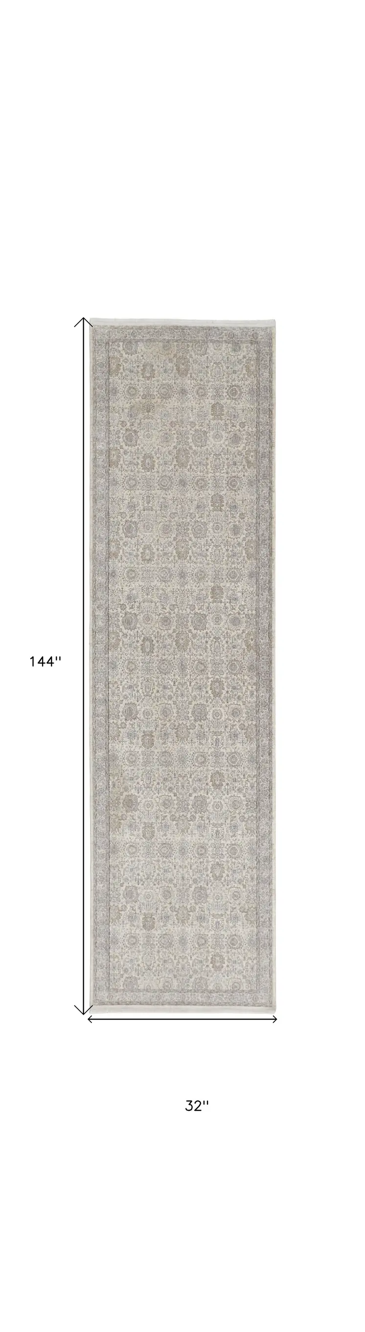 12' Gray and Ivory Oriental Power Loom Worn Faded Runner Rug With Fringe