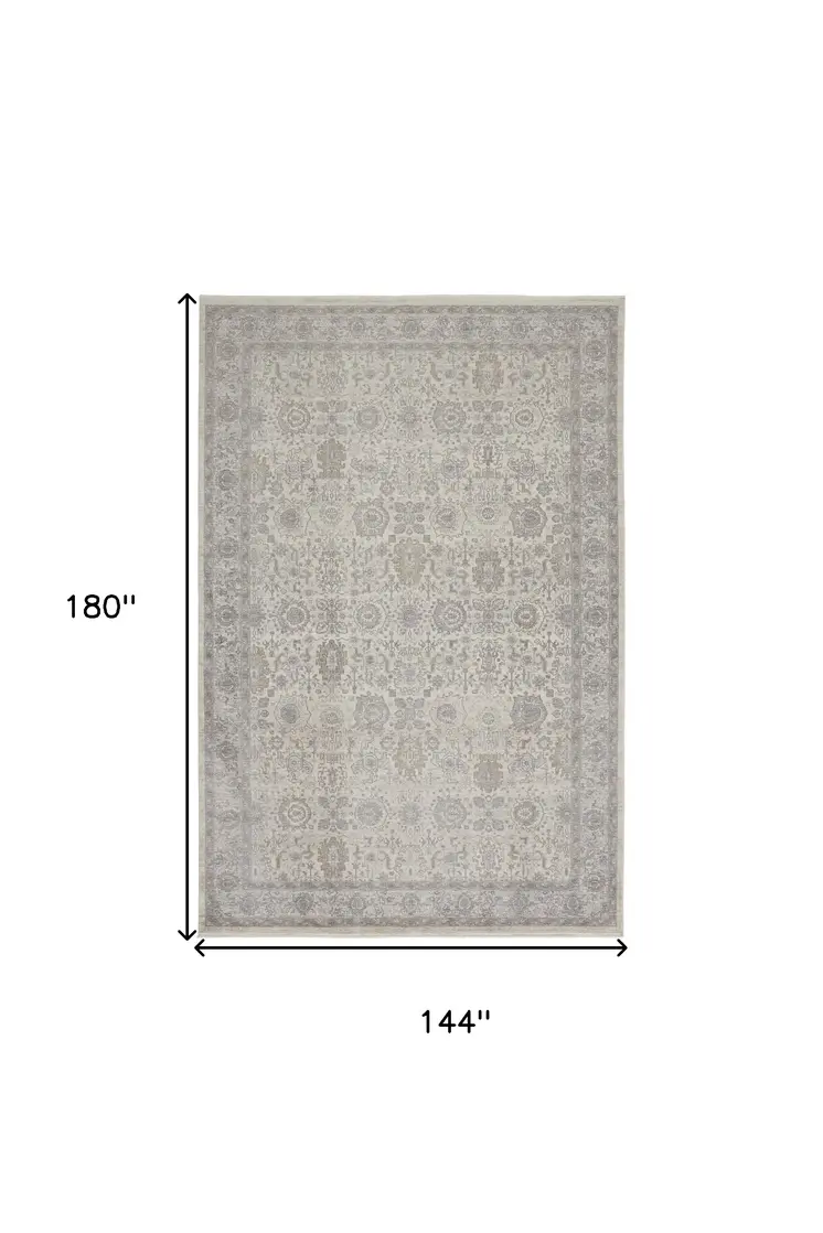 12' X 15' Gray and Ivory Oriental Power Loom Worn Faded Area Rug With Fringe