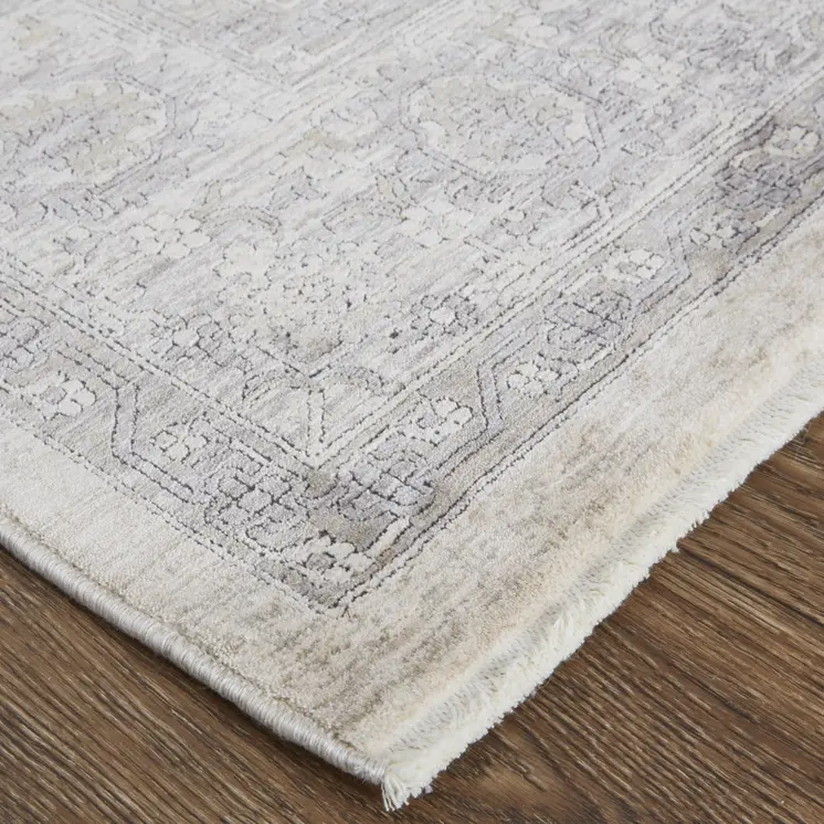 2' X 3' Gray and Ivory Oriental Power Loom Worn Faded Area Rug With Fringe