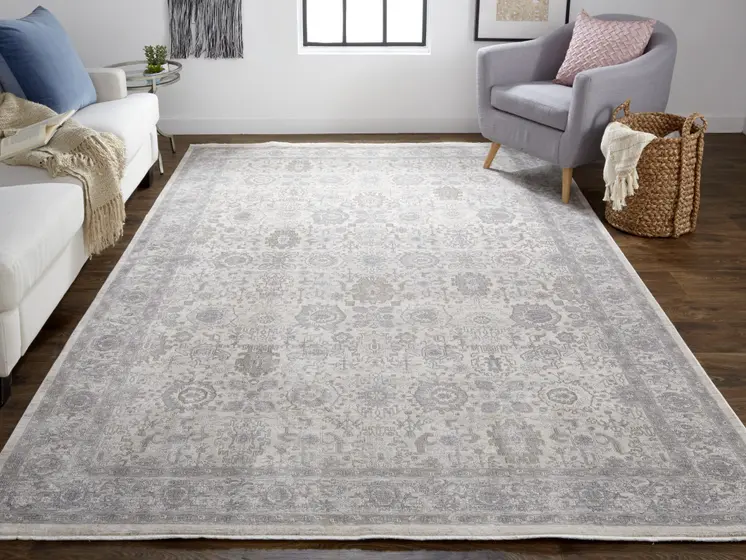 2' X 3' Gray and Ivory Oriental Power Loom Worn Faded Area Rug With Fringe