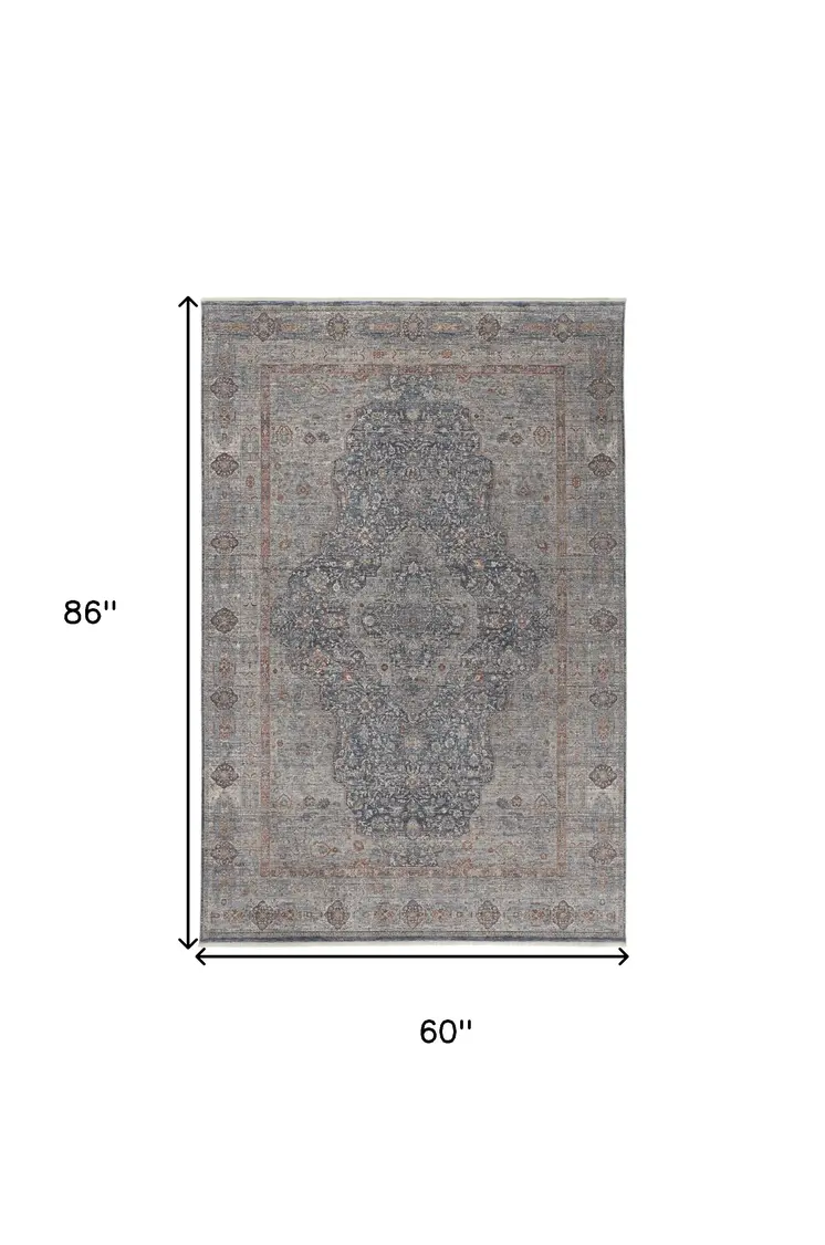5' X 7' Gray Blue and Red Oriental Power Loom Worn Faded Area Rug With Fringe