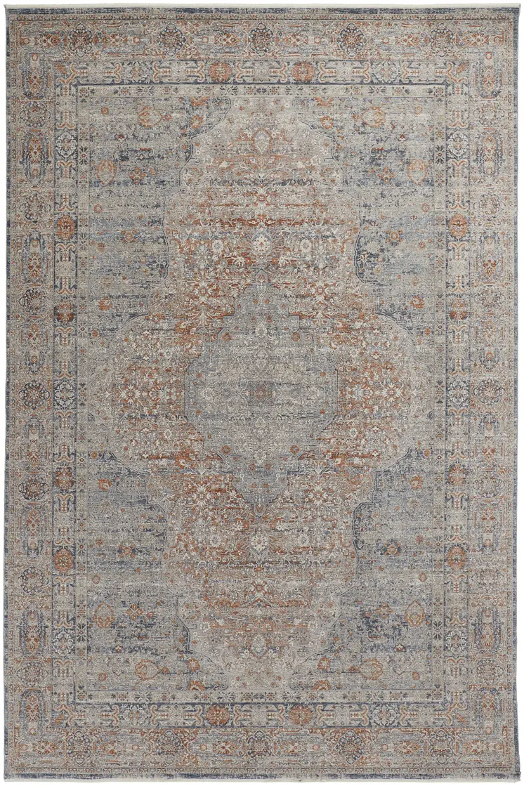 8' X 10' Gray Blue and Red Oriental Power Loom Worn Faded Area Rug With Fringe