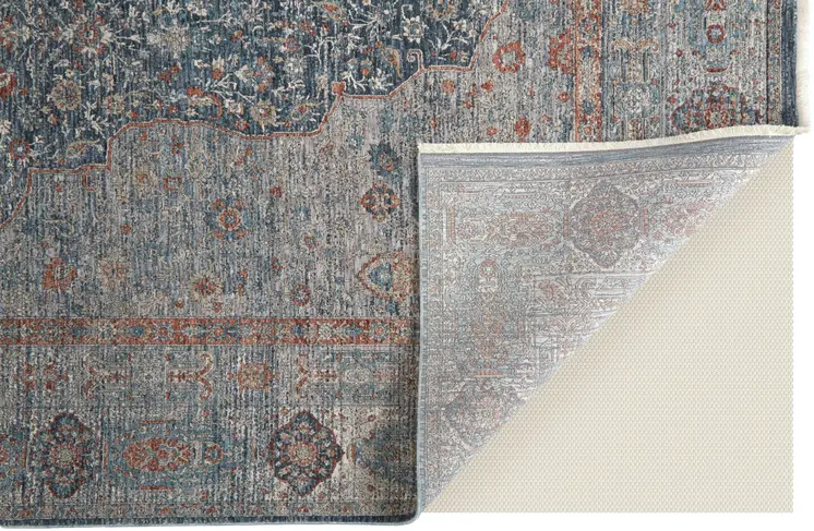 8' X 10' Gray Blue and Red Oriental Power Loom Worn Faded Area Rug With Fringe