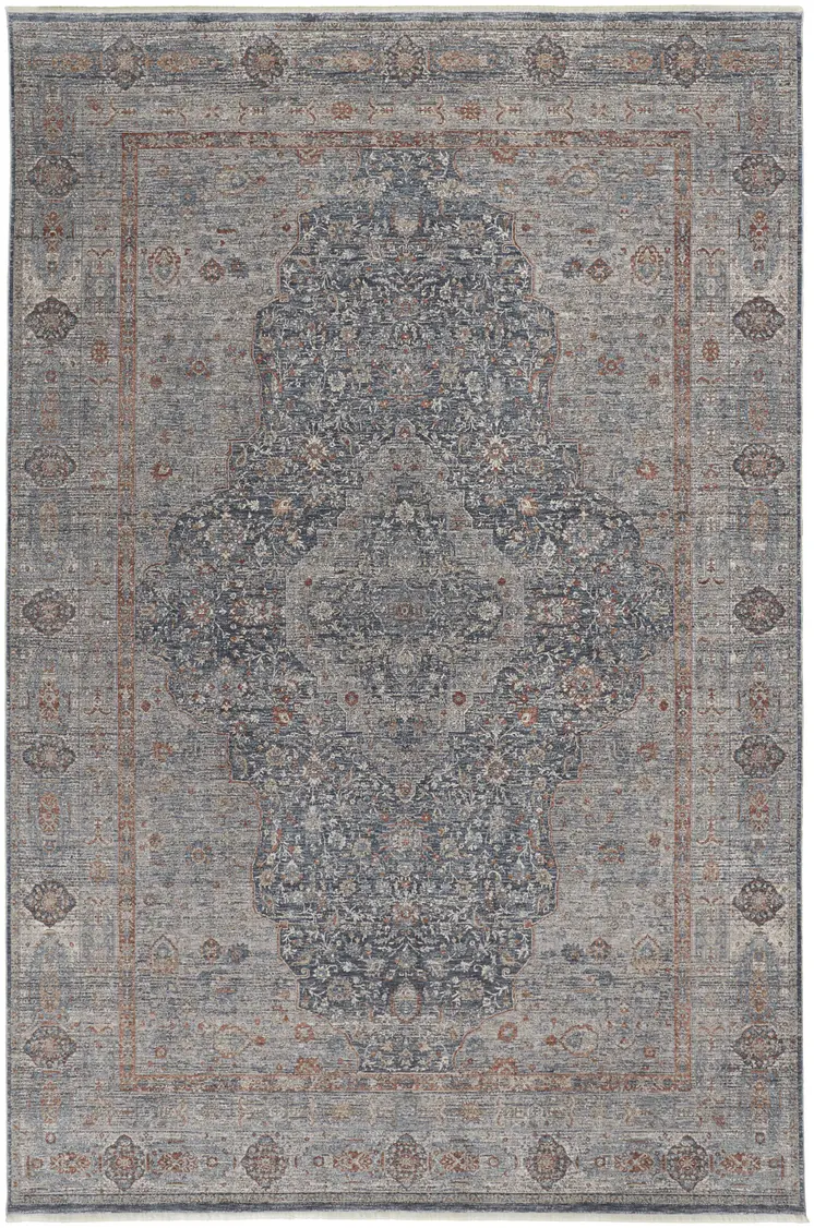9' X 13' Gray Blue and Red Oriental Power Loom Worn Faded Area Rug With Fringe