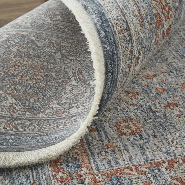9' X 13' Gray Blue and Red Oriental Power Loom Worn Faded Area Rug With Fringe