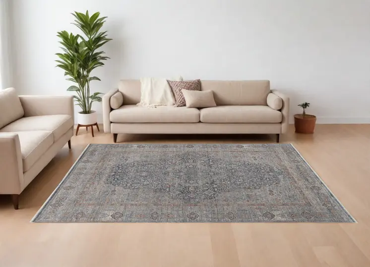 9' X 13' Gray Blue and Red Oriental Power Loom Worn Faded Area Rug With Fringe