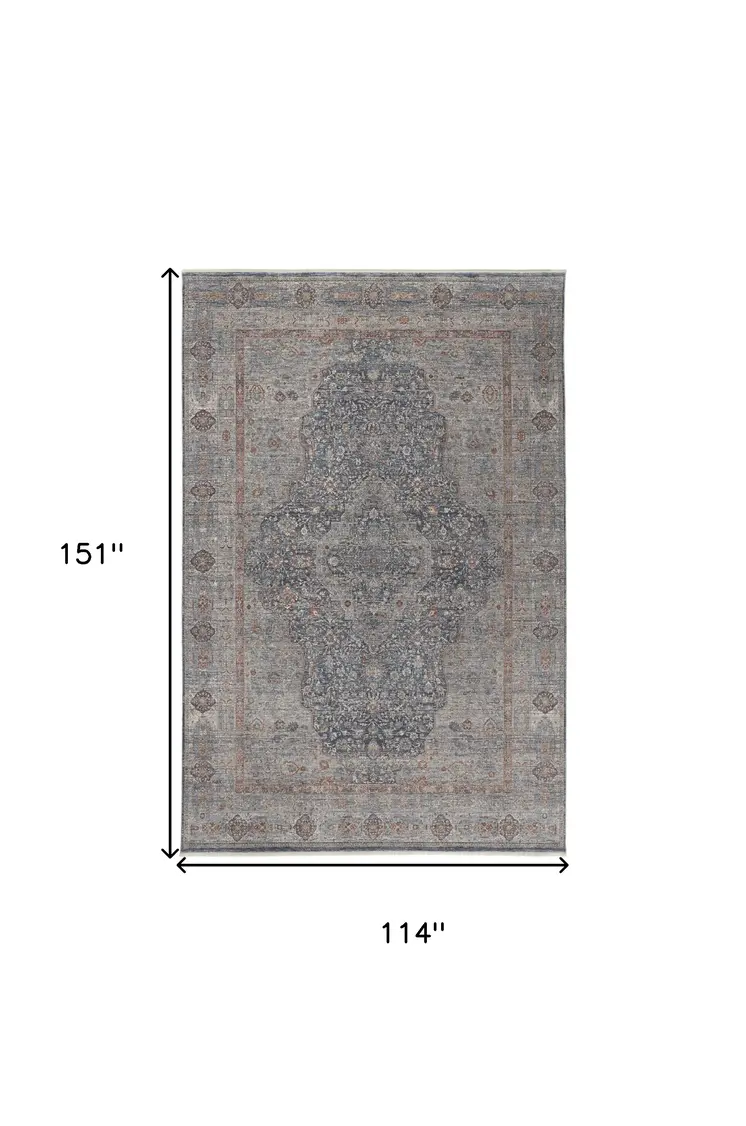 9' X 13' Gray Blue and Red Oriental Power Loom Worn Faded Area Rug With Fringe