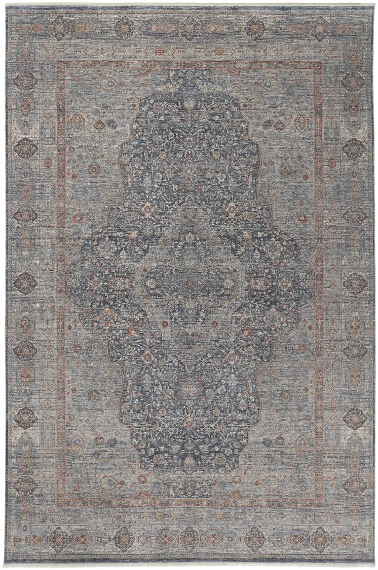 9' X 13' Gray Blue and Red Oriental Power Loom Worn Faded Area Rug With Fringe