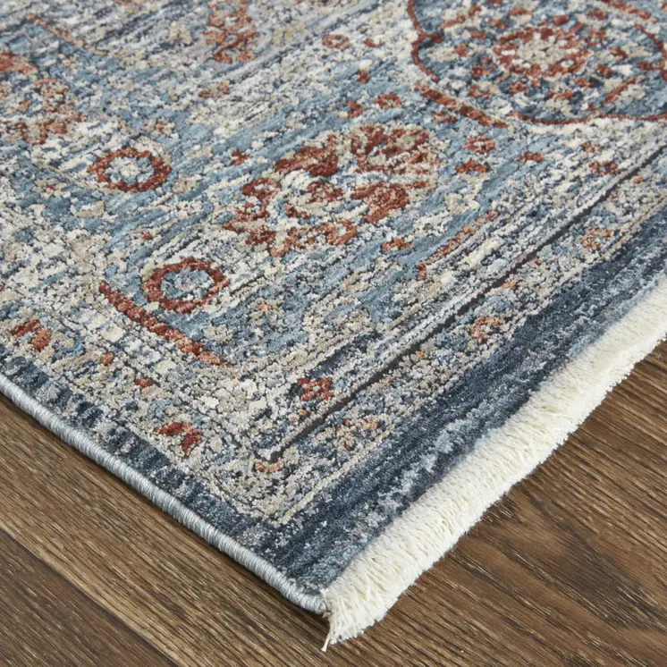 8' Gray Blue and Red Oriental Power Loom Worn Faded Runner Rug With Fringe